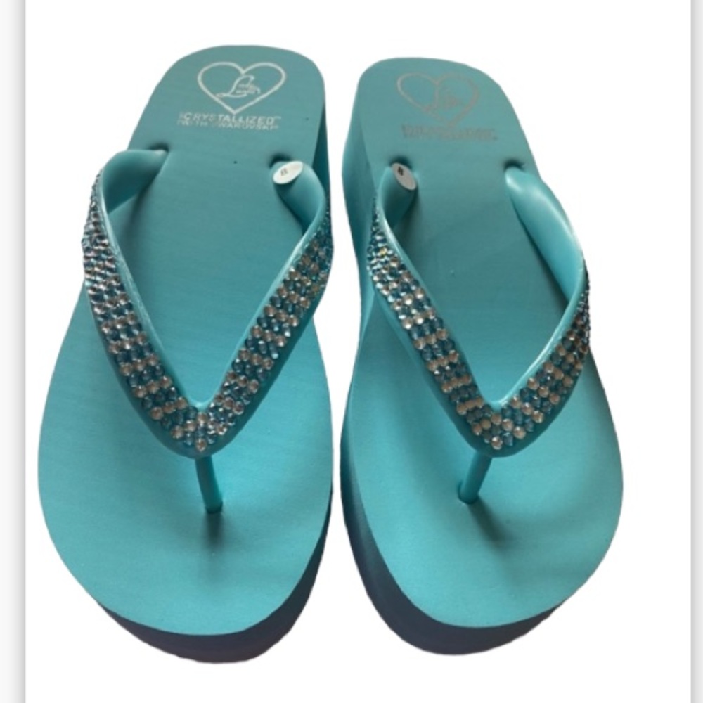 NWT Lady Lanell Swarovski Elements Aqua Crystal Flip Flops 8